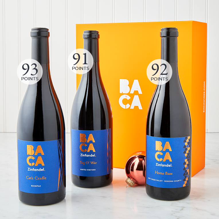 BACA Zin Lovers Trio Gift Set image featuring 3 bottles of Zinfandel and an orange gift box. 
