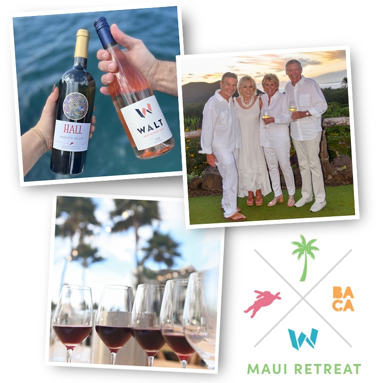 Images of Craig and Kathryn HALL with wine club members holding wine at the Maui wine club member retreat. 